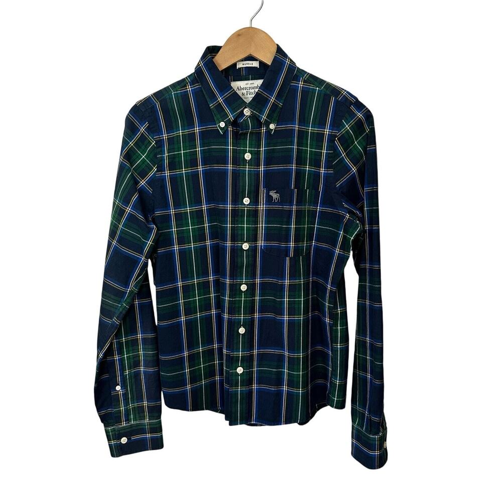 Abercrombie‎ & Fitch Mens Muscle Shirt Small Blue Plaid Cotton Long Sleeve Moose